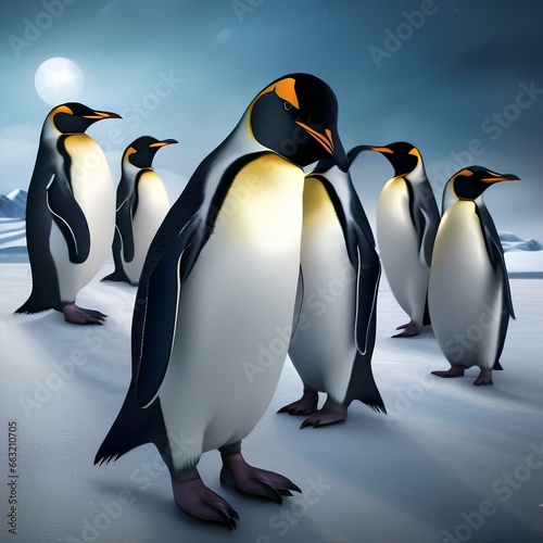 A parade of penguins wearing tuxedos and bowties while sliding on icy slopes under the moonlight5