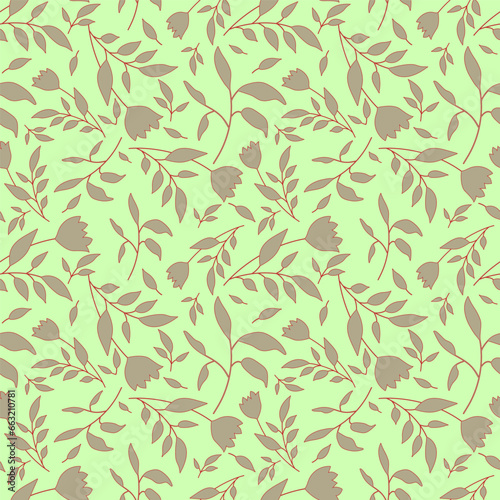 Abstract twigs with flowers in a seamless pattern on a light green background.