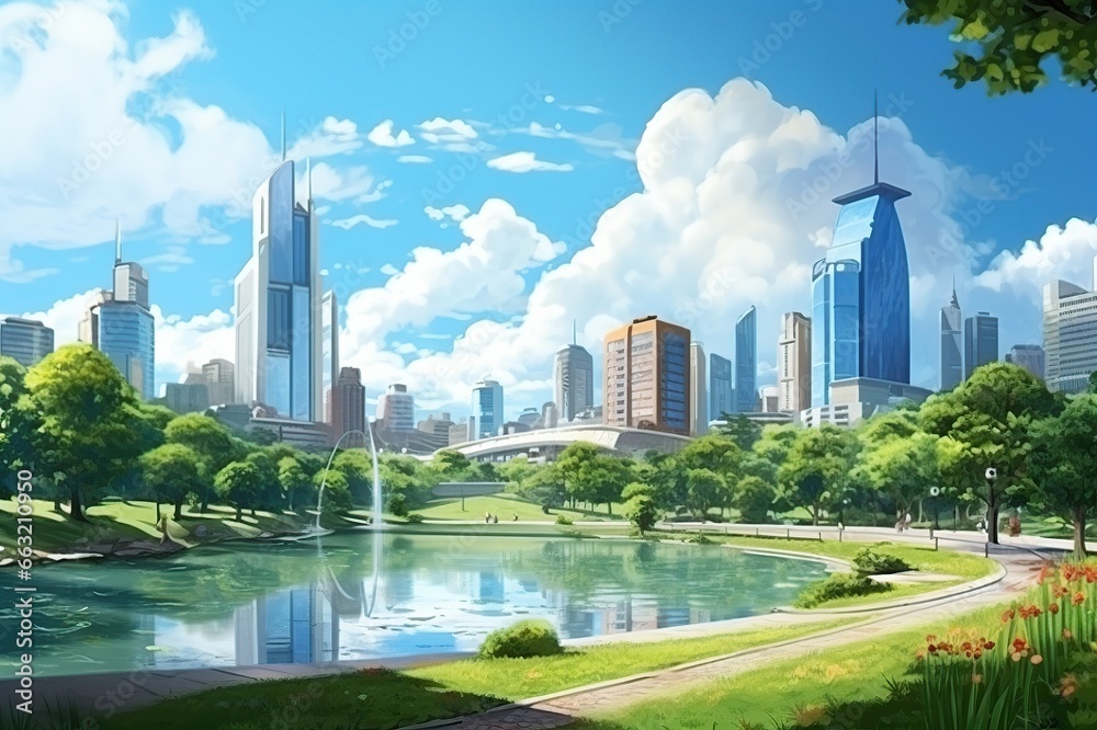 Obraz premium Eco-friendly building. Public park and high-rise buildings cityscape in metropolis city center. Generative AI
