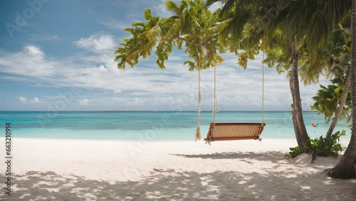 Relaxing beach vacation with tranquil sky, palm trees, and turquoise water.