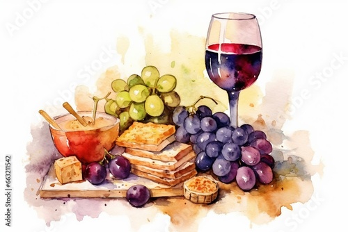 Background with wine and snacks. Template depicting watercolor artwork. Generative AI