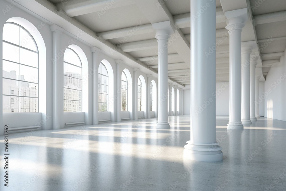 An open modern building interior with empty space and white columns positioned near a window. Generative AI