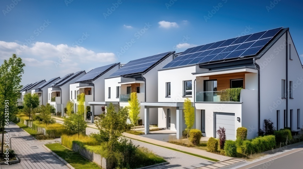 Row of modern house with solar panel on the roof  - obrazy, fototapety, plakaty 