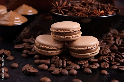 coffee flavored macarons on a bed of coffee beans