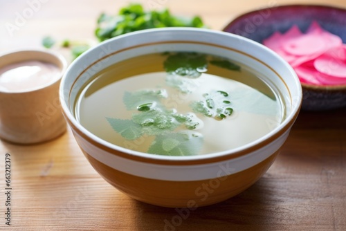 miso soup with radish, the radish freshly emerging from the broth
