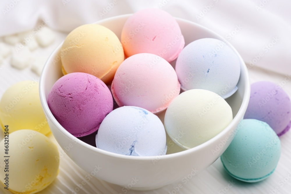 bath bombs in variety of colors in a white bowl bath bombs in variety of colors in a white bowl