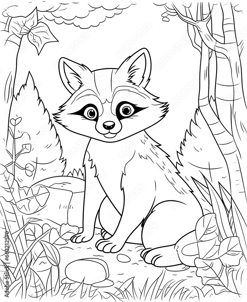 Black and white illustration for coloring animals, raccoon.