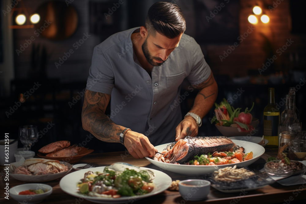 man With finesse, he prepared a gourmet meal for a special occasion. man With finesse, he prepared a gourmet meal for a special occasion.