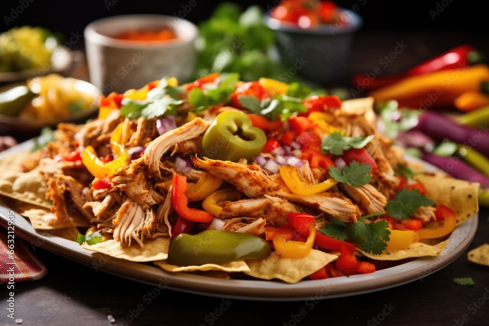 a homemade nacho platter with chicken and bell peppers a homemade nacho platter with chicken and bell peppers