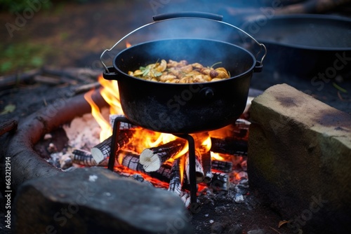 a large pot cooking meal on an open campfire