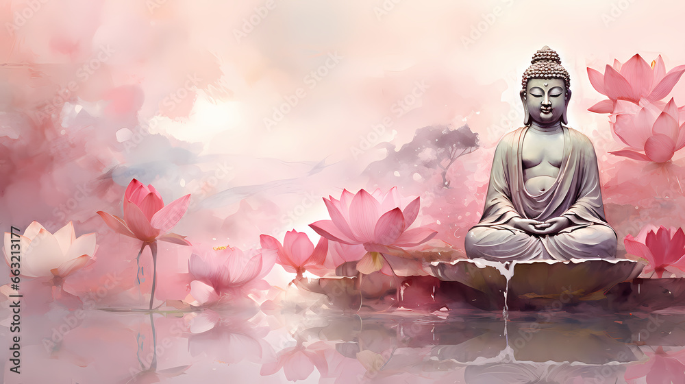 pink lotus and buddha in painting