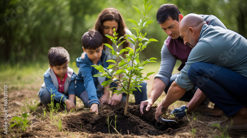 parents and children planting a tree in the garden
