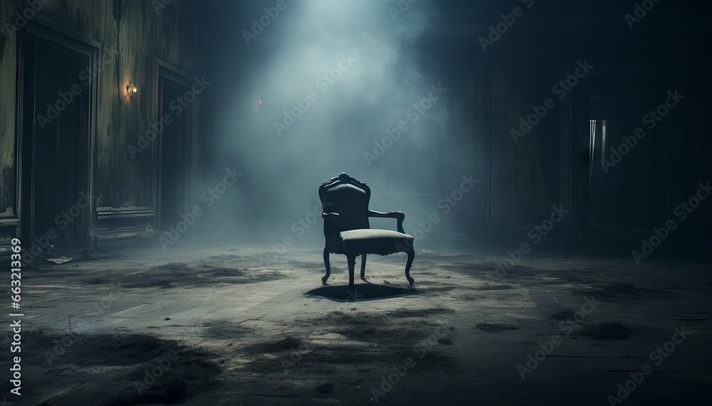 empty room with a single chair in the center. The chair is covered in dust and cobwebs empty room with a single chair in the center. The chair is covered in dust and cobwebs
