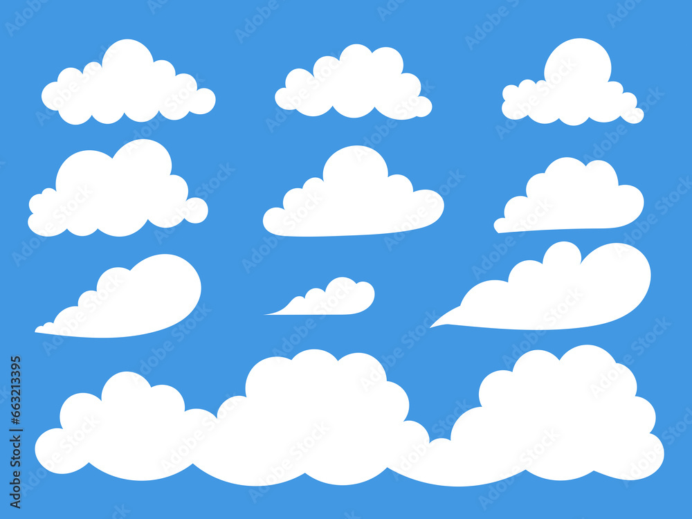 Set of white vector clouds on a blue sky background.