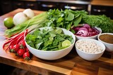 surroundings of a pho bowl, fresh ingredients and herbs