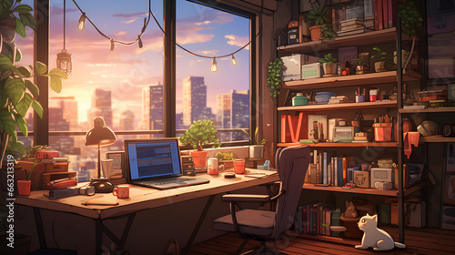 lofi living room with study table, anime style	
 photo