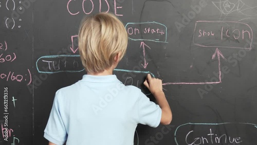 The young boy at coding and programming classroom at school photo