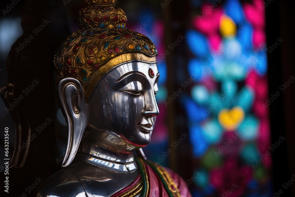 Obraz premium christian stained glass window reflecting on a buddha statue