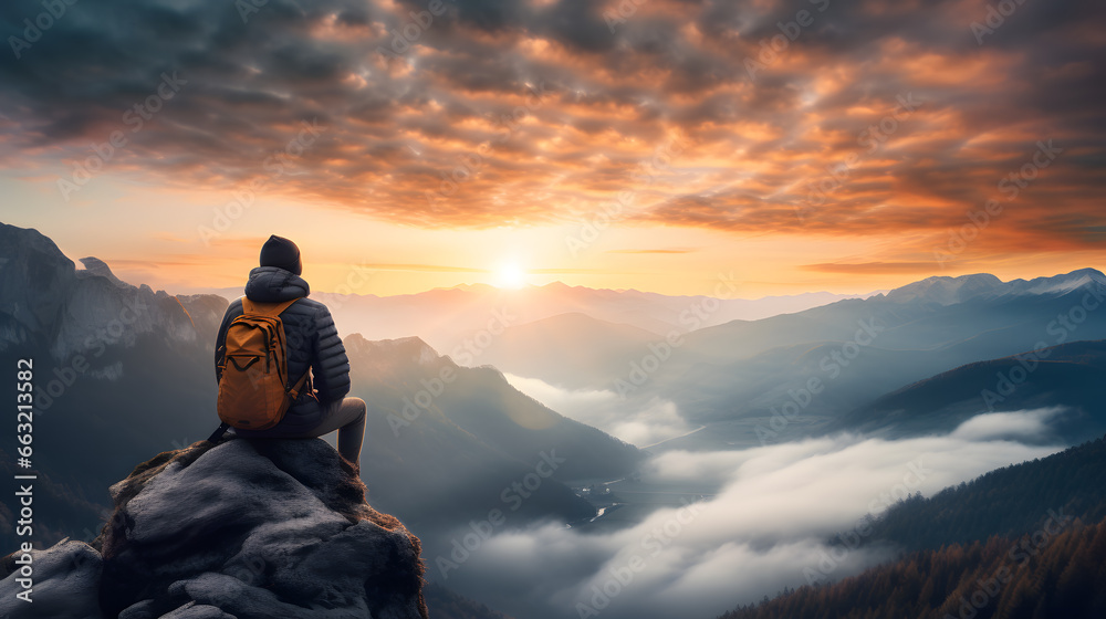 hiker traveler with backpack sitting on top of a mountain at sunset with mountain view