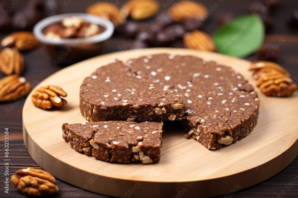 hazelnut protein bars displayed on a circular wooden surface