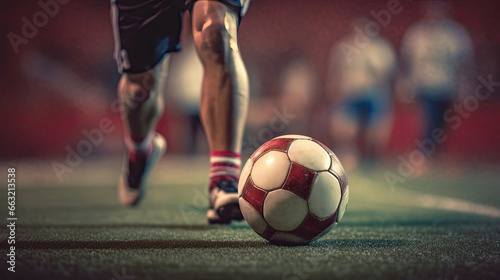 Close up of Football or soccer player foot playing with the ball in Stadium.