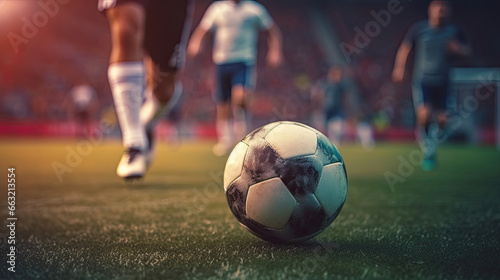 Close up of Football or soccer player foot playing with the ball in Stadium.