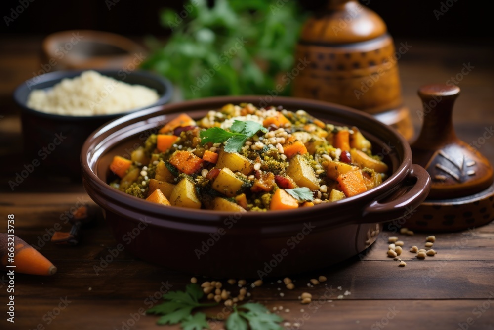 moroccan tagine dish on a wooden surface - obrazy, fototapety, plakaty 