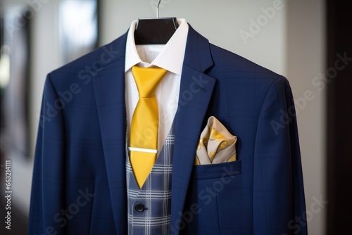 three-piece suit on a hanger with a nametag photo