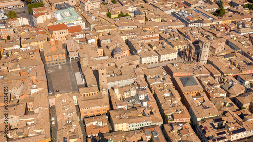 Aerial view on Piazza Prampolini and the Basilica of San Prospero, patron saint of the city, in the historic center of Reggio Emilia, Italy. © Stefano Tammaro