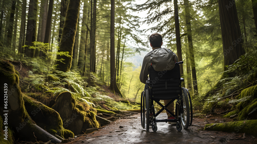 disabled person in the forest with a wheelchair