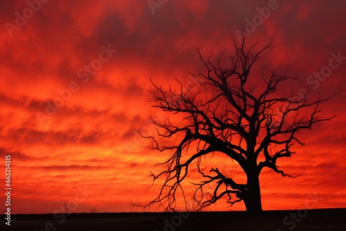 a burning tree against a harsh red sky