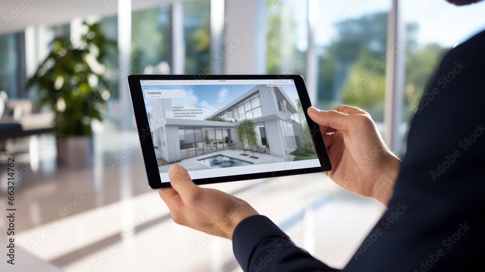Businessman hand holding digital tablet viewing modern house building 