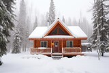 a quaint log guest house nestled in snow-covered woods