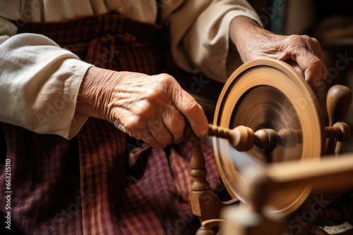 a hand operating a traditional spinning wheel