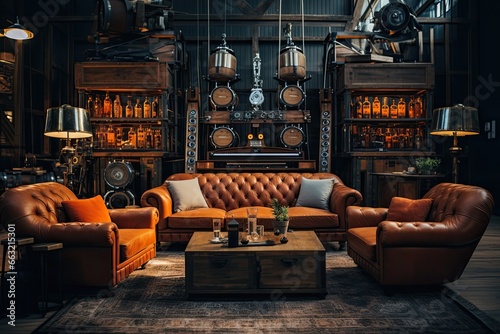 Trendy mancave interior with speakers and audio equipment, gentlemen room with down leather Chesterfield sofa and whiskey photo