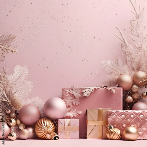 pink christmas banner with empty space for text, gold background, gift boxes, fir branches, silver gold ornaments