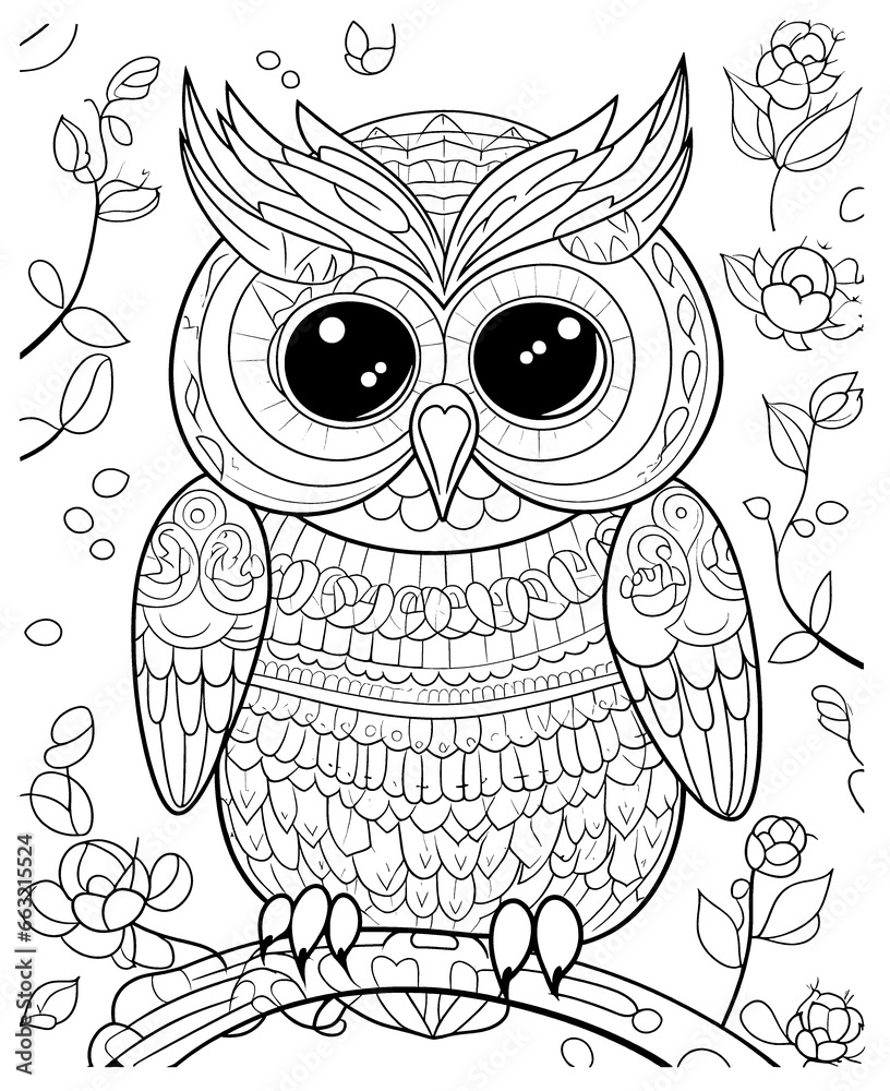 Fototapeta premium Black and white illustration for coloring birds, owl.