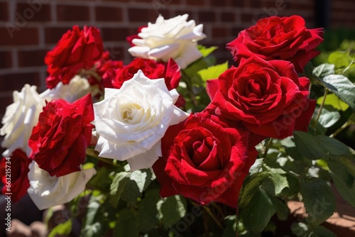 red and white roses mixed together in a flower bed