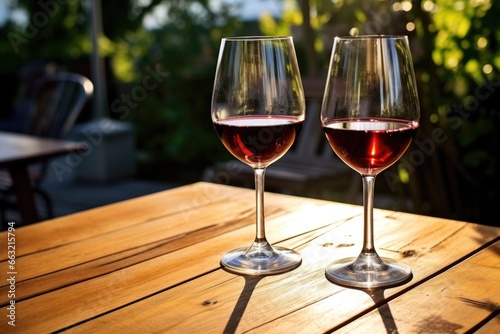 two glasses of wine on a outdoor table