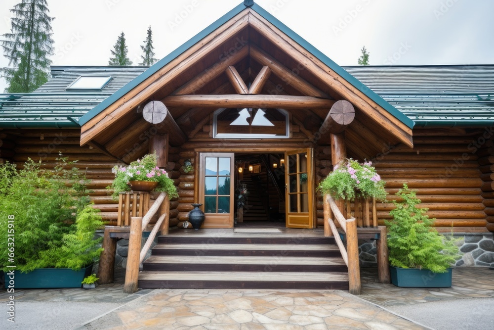 close up shot of a wooden mountain lodge entrance
