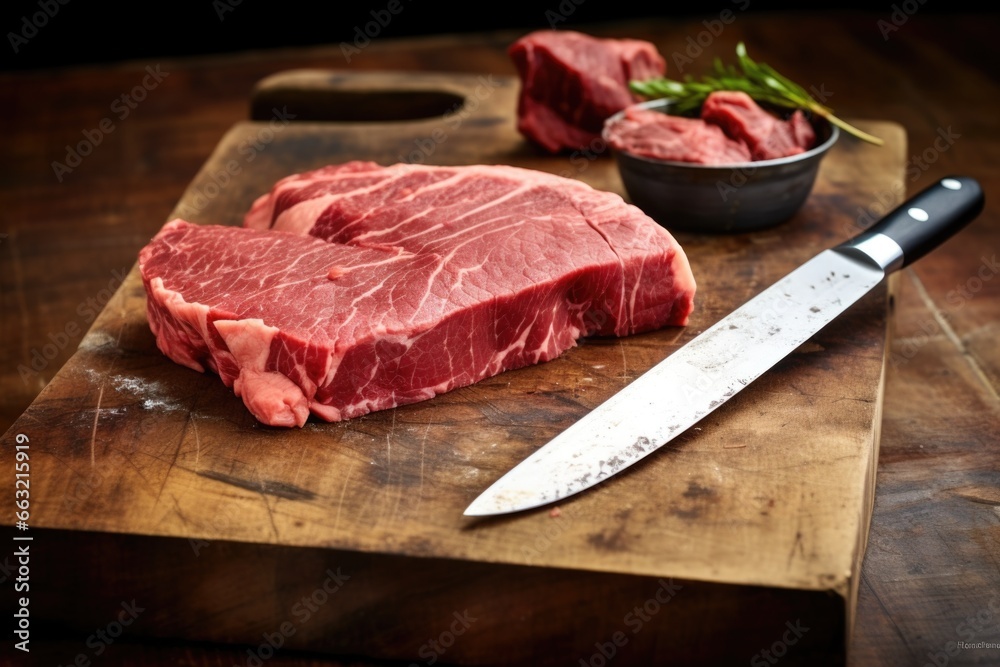 uncooked steak on a butchers block with a knife