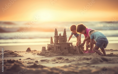 Kids Building Sandcastles Peaceful Beach