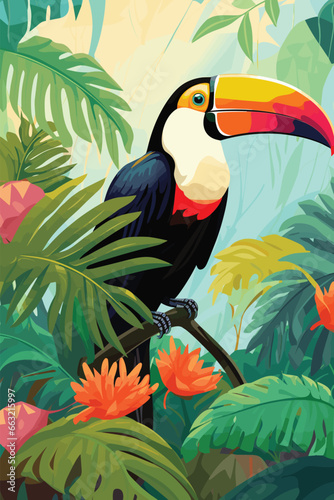 Bright tropical bird Toucan on a floral background. Colorful icon of tropical nature, Vector