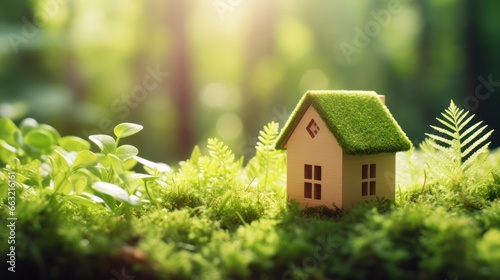 Small house model on green grass with sun light 