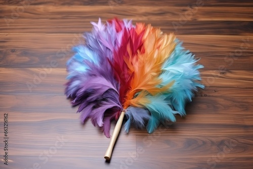 a multi-colored feather duster on a wooden surface photo