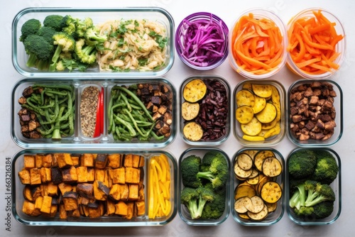 overhead view of vegan meal prep containers