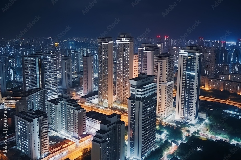 Drone images of city skyline at night