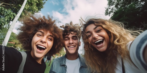 Cheerful international friends teenagers taking selfie while walking in summer park, happy memories concept