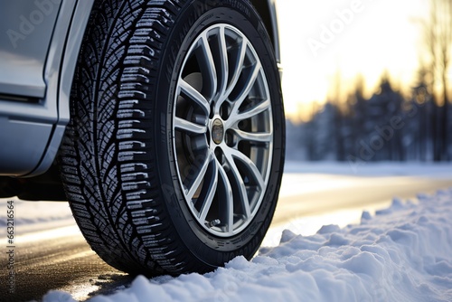 Close-up of car tires in winter on the road © Zaleman