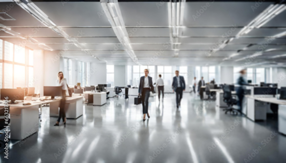 Bright business workplace with people in walking in blurred motion in modern office space